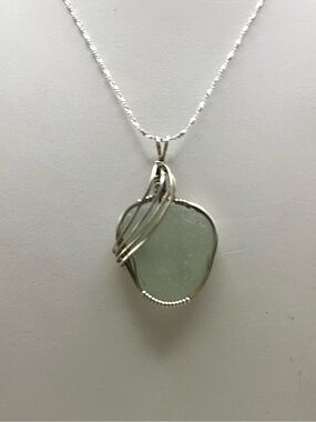 Sterling Silver 925 Sea Glass Necklace Handmade Wire Wrapped Seafoam Pendant 18"